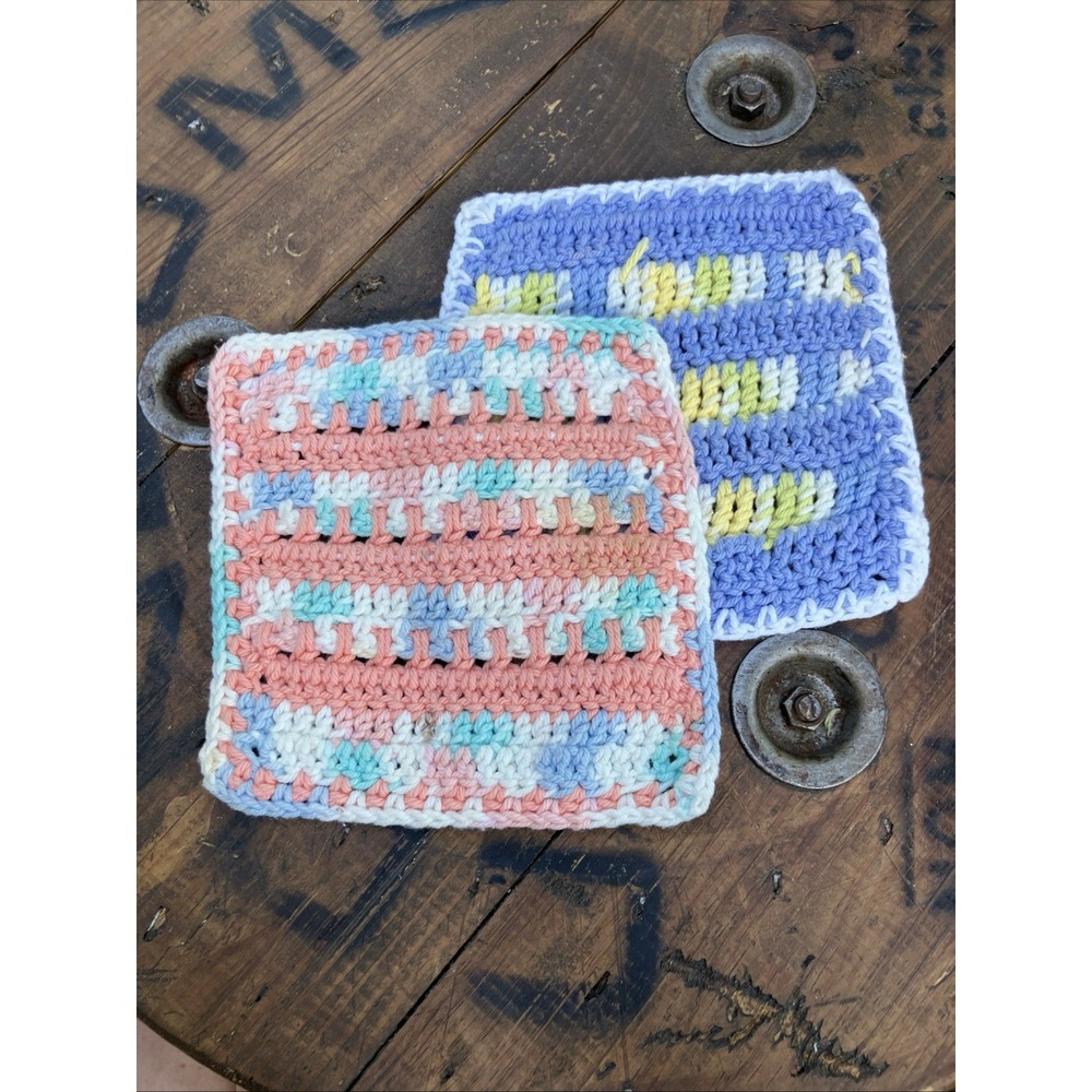 Vintage Handmade Crochet Pot Holders Set of 2 Square Cotton 7x7 Blue Pink
